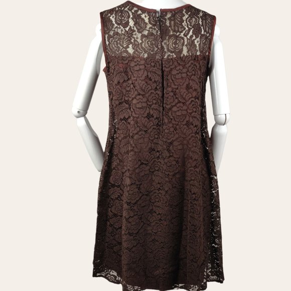 Vintage 1960s Brown Lace Cocktail Dress MOD MCM Tent Flare Satin Bow Lined M - Picture 9 of 12
